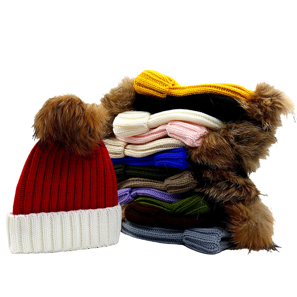 Fur Ball Knitted Warm And Thick Woolen Cap