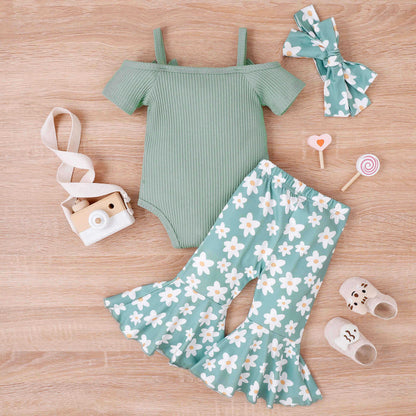 Baby Girl Onesie Printed Bell-bottom Suit & Bow