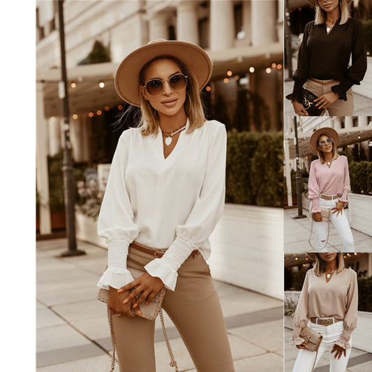 Youth & Women`s Solid color simple V-neck Shirt