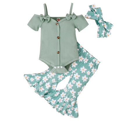 Baby Girl Onesie Printed Bell-bottom Suit & Bow