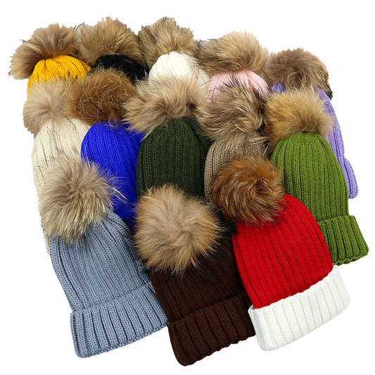 Fur Ball Knitted Warm And Thick Woolen Cap